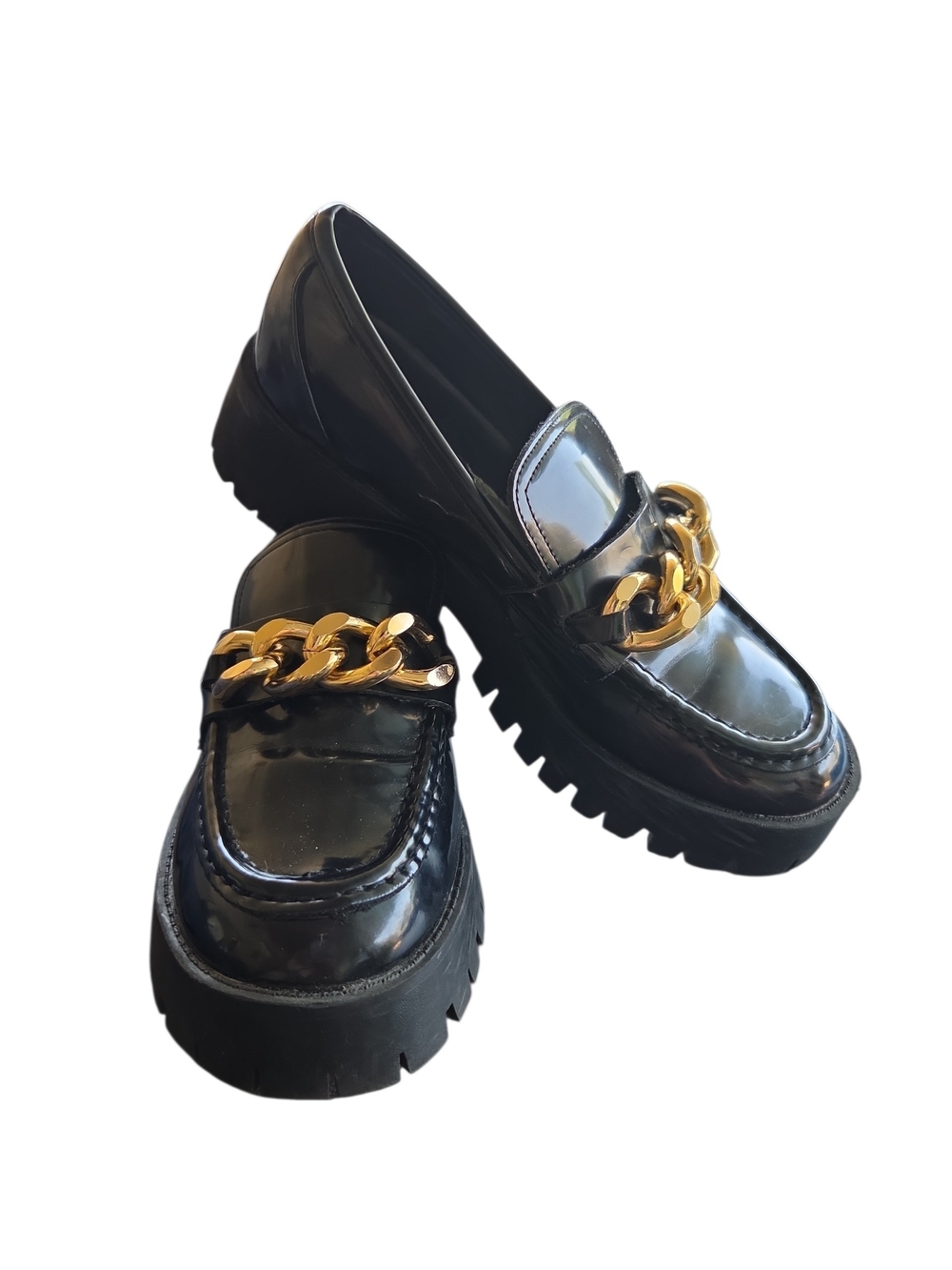 Guess Black Patent Loafers with Gold Chain
